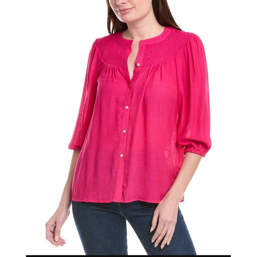 Nanette Lepore Pink Pucker‎ Smocked Button Down Peasant Top 3/4 Puff Sleeve Sz S
